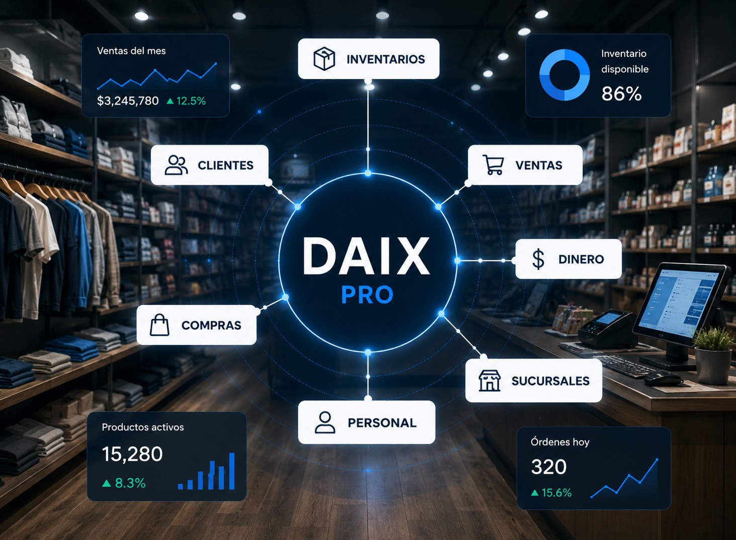 DAIX PRO conecta inventarios, ventas, compras, clientes, personal, sucursales y dinero